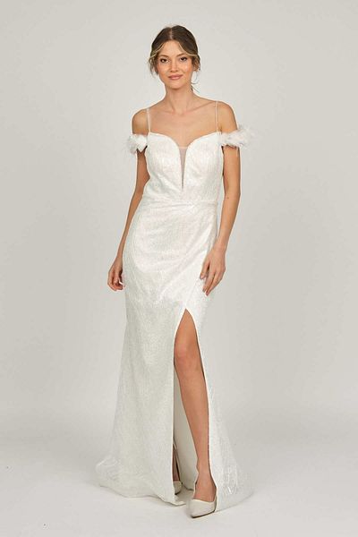 Saygın Women's Sequined and Lace Long Evening Dress 0992413 Ecru