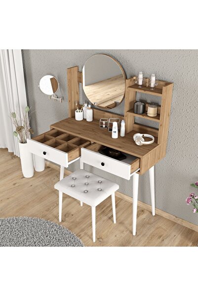 ROEWOOD EFSANE MAKYAJ MASASI AHŞAP TABURE TAKIM