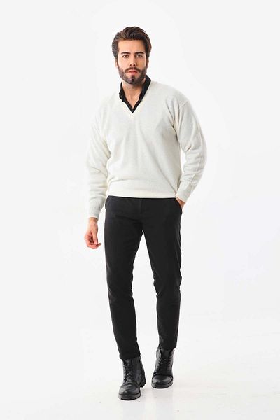 San&Fa Sanfa Men's V-Neck Pure Wool Sweater 4103 Cream