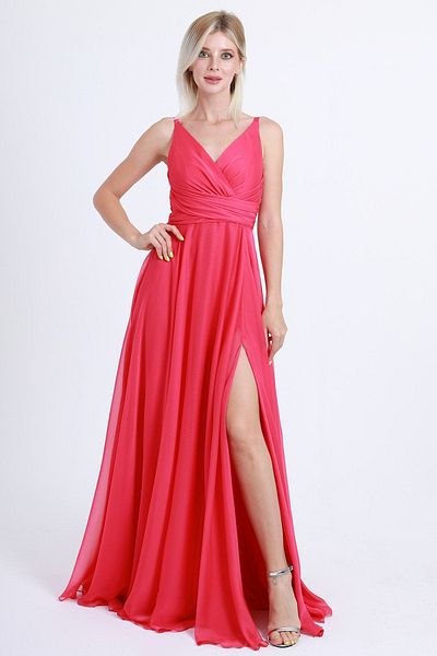 DORİDORCA Women's Double Breasted Collar Chiffon Evening Dress 4078 Fuchsia