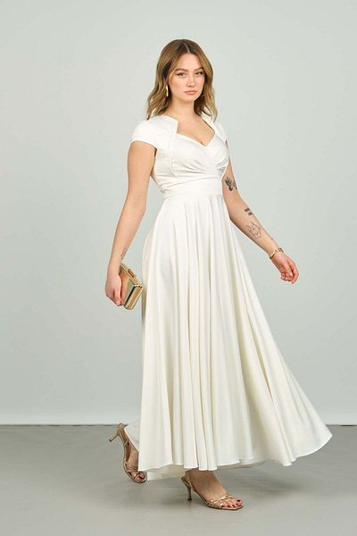 ESCOLL Women's Short Sleeve Front Pleated Satin Midiboy Pocket Evening Dress 1955 Ecru