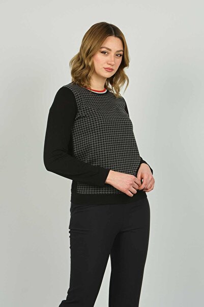 Sistas Women's Houndstooth Patterned Long Sleeve Blouse 3668 Black-Anthracite