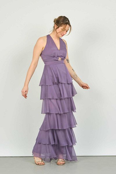 DORİDORCA Doridorca Women's Halter Floor Detailed Long Evening Dress 3039 Lavender