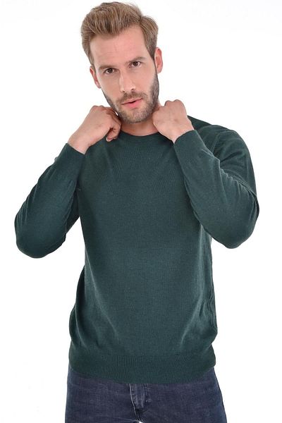 Çizgi Triko Ανδρικό πουλόβερ με λαιμόκοψη Angora Rabbit Wool Khaki Regular Fit
