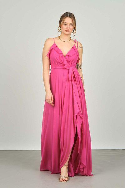 DORİDORCA Doridorca Women's Rope Strap Waist Tied Long Evening Dress 2032 Fuchsia