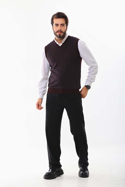 Pelikan Men's V-Neck Patterned Wool Sweater 4P17 Claret Red