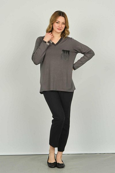 Detay Triko Women's V-Neck Stone Detailed Long Sleeve Blouse 4564 Gray
