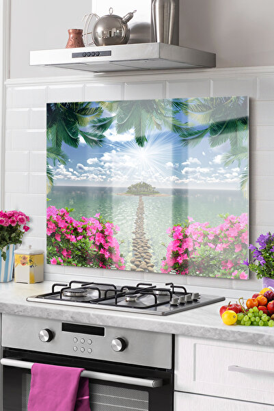 Onbiya Protector de spate pentru aragaz din sticla de bucatarie premium |   Flori de mare insulă