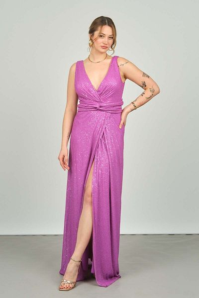 DORİDORCA Doridorca Women's Front and Back V Neck Sequin Deep Slit Long Evening Dress 5035 Redbud