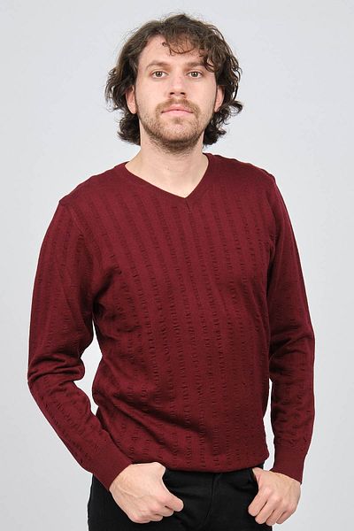 Desen Triko Pulover de lână cu decolteu în V pentru bărbați 0249626 Roșu Claret