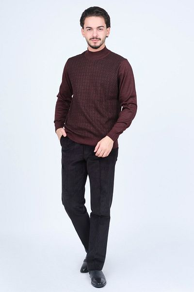 Ateş Triko Men's Half Fisherman Patterned Wool Sweater 6092254 Claret Red