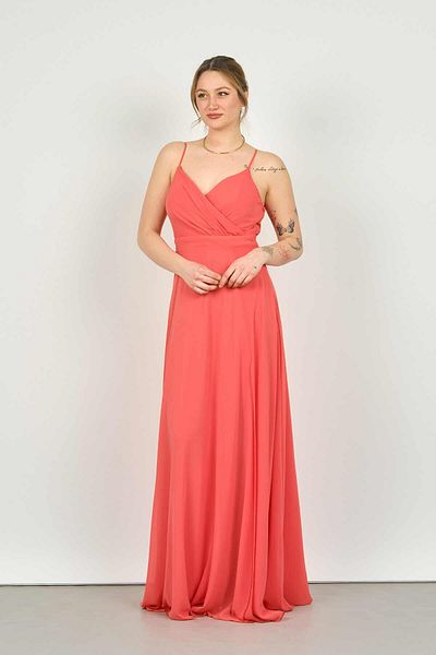 DORİDORCA Doridorca Women's Deep Slit Strappy Evening Dress5924056 Pomegranate Flower