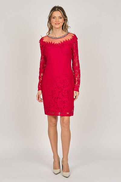 Dans Women's Long Sleeve Lace Evening Dress 5279659 Red