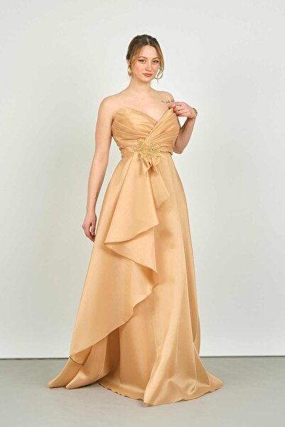 Maxra Govana Women's Strapless Waist Part Embroidered Ruffle Detailed Long Evening Dress 6581 Gold