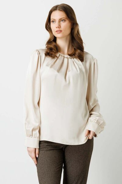 Ekol Women's Collar Chain Satin Blouse 1517 Beige