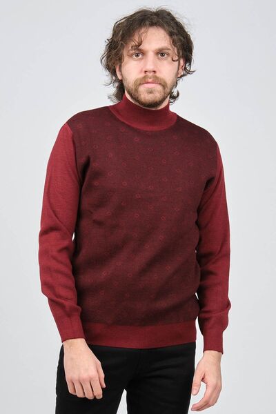 Ateş Triko Men's Half Fisherman Patterned Wool Sweater 6091744 Claret Red