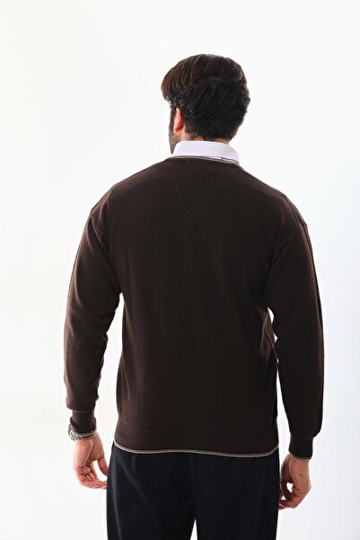 Günay Чоловічий вовняний светр з V-подібним вирізом 8000 Коричневий