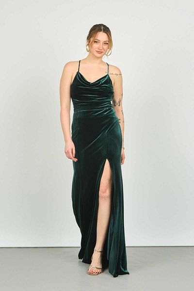 DORİDORCA Doridorca Women's Velvet Evening Dress with Degaje Collar Back Detail 3103 Green