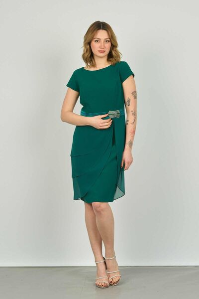 Vals Γυναικείο βραδινό φόρεμα με μισό μανίκι με λεπτομέρεια Araboy Chiffon 22-176 Emerald