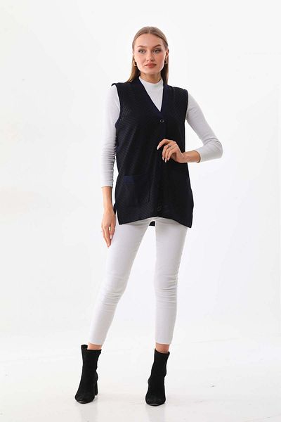 Günay Women's Side Slit Patterned Vest 22604 Navy Blue