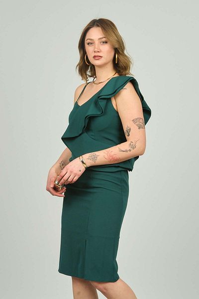 ESCOLL Women's One Shoulder Flounce Evening Dress 1557 Emerald