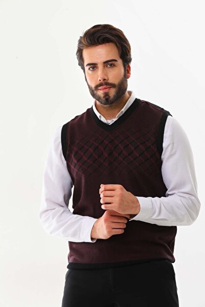 Pelikan Men's Striped V-Neck Sweater 9606 Claret Red