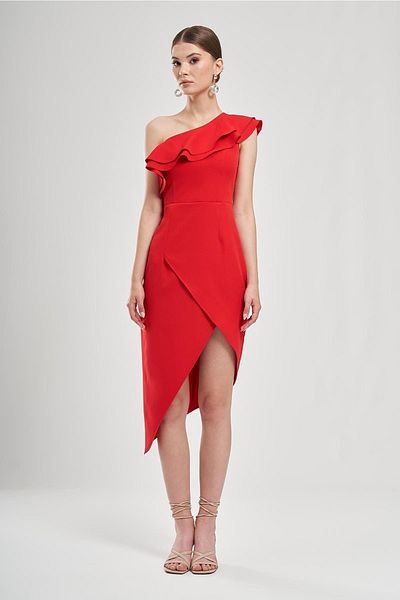ESCOLL Women's Red Single Shoulder Flounce Asymmetrical Dress 1767