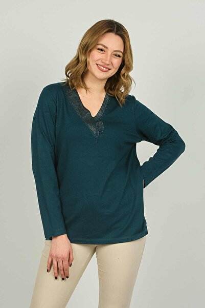 Detay Triko بلوزة نسائية بأكمام طويلة ورقبة على شكل حرف V مزينة بالأحجار 4588...