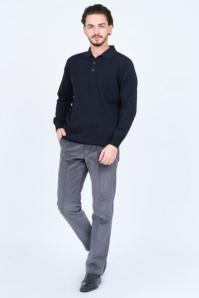 Woolen World Мъжки плетен вълнен пуловер с шарена поло яка 5597141 Тъмносин