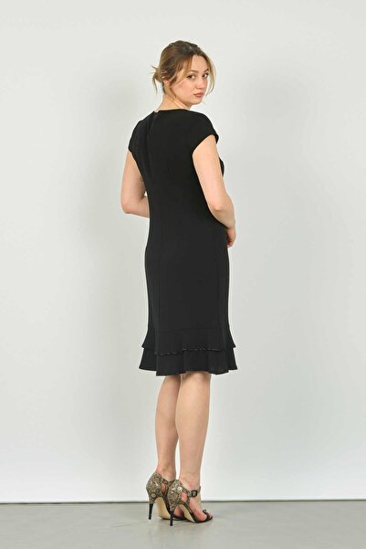 Vals Women's Crew Neck Window Detailed Skirt Frilly Araboy Evening Dress 23-117 Black