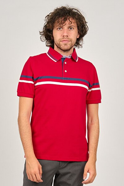 Desen Triko Men's Polo Neck Stripe Detailed Red T-Shirt 0249814