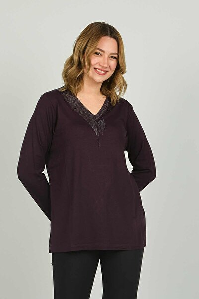 Detay Triko Жіноча блуза з V-подібним вирізом, прикрашена каменями, з довгими...