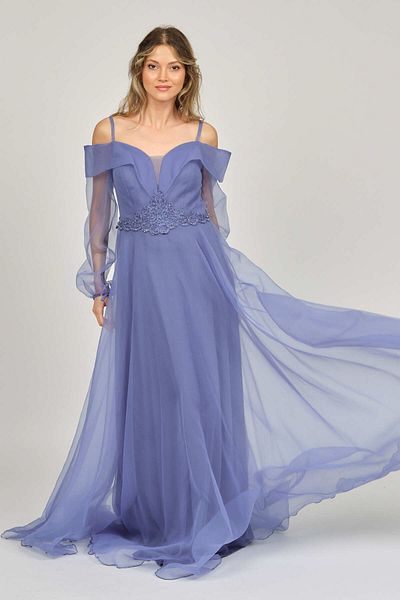 Saygın Rochie de seară cu detalii din tul brodat pentru damă 0991373 Albastru
