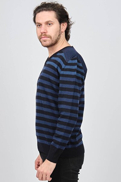 Desen Triko Чоловічий светр з V-подібним вирізом з візерунком з чистої вовни 0246546 Темно-синій