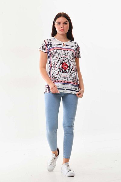 Sistas Women's Patterned Window Detailed Short Sleeve Blouse 23145 Ecru