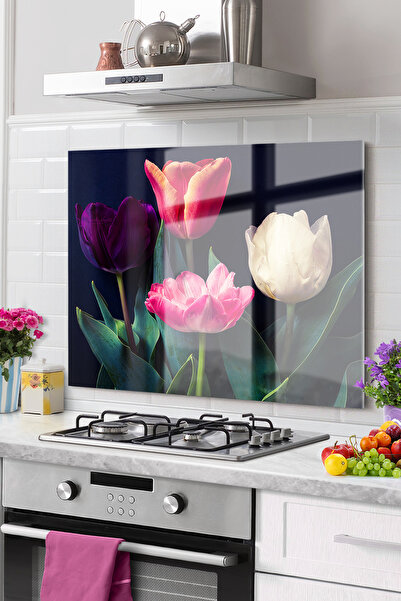 Onbiya Sticlă de bucătărie cu model de flori premium - Protector pentru spate...