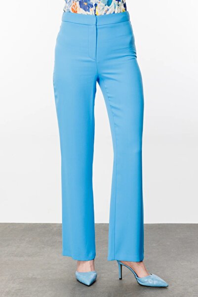 Ekol Pantaloni de damă din țesătură crepon albastră - picior lat 1208