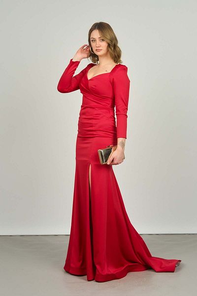ESCOLL Women's Double Breasted Closure Long Sleeve Slit Evening Dress 1926 Red