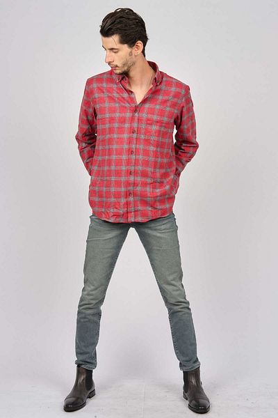 De Leone Men's Striped Long Sleeve Wool Finished Shirt 0171110 Red