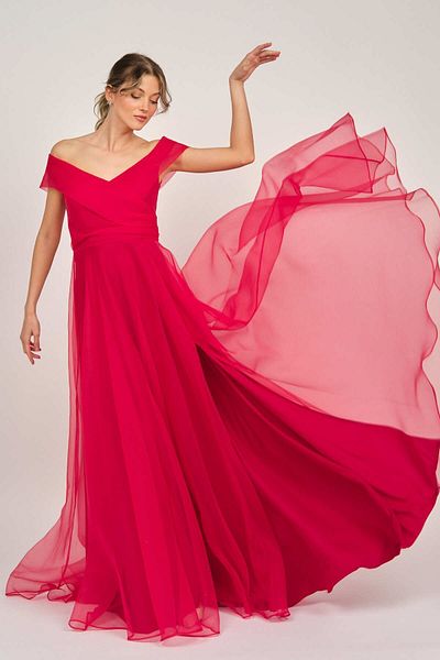 ŞEREF VURAL Women's Deep Slit Long Evening Dress 5437888 Red