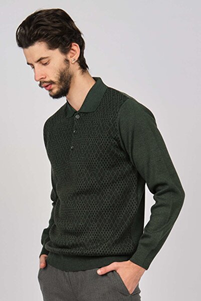 Woolman Men's Patterned Polo Neck Wool Sweater 1571053 Green