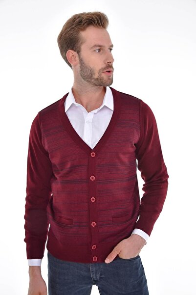 Çizgi Triko Men's Double Pocket Steel Knit Knitwear Cardigan 4225m Claret Red