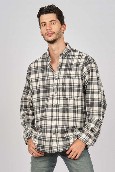 De Leone Men's Striped Long Sleeve Wool Finished Shirt 0171102 Ecru