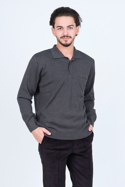 Ateş Triko Men's Polo Collar Pocket Detailed Wool Sweater 6091023 Dark Gray