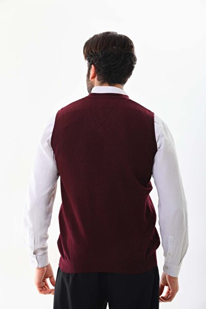 Günay Men's V-Neck Wool Sweater 0108 Claret Red
