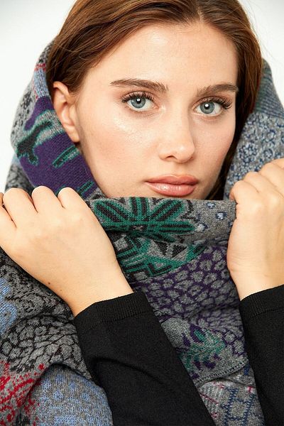 Desen Triko Women's Patchwork Patterned Pure Wool Shawl 02421143 Smoked