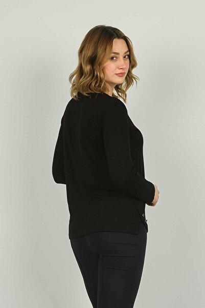 Sistas Women's Ornamental Buttoned Long Sleeve Blouse 23538 Black