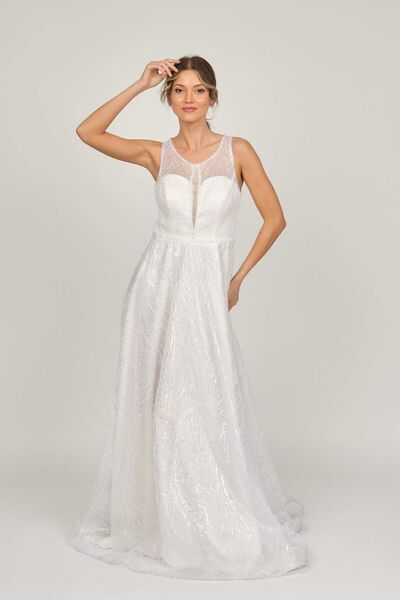 Saygın Women's Sequined Long Evening Dress 0990346 Ecru