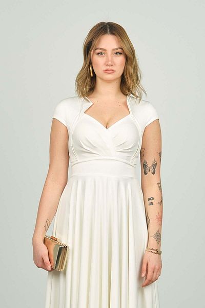 ESCOLL Women's Short Sleeve Front Pleated Satin Midiboy Pocket Evening Dress 1955 Ecru