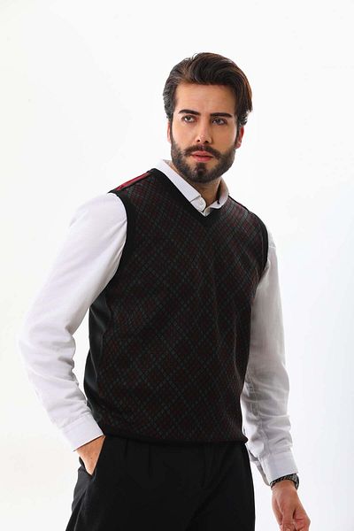 Pelikan Men's V-Neck Patterned Sweater 9614 Claret Red